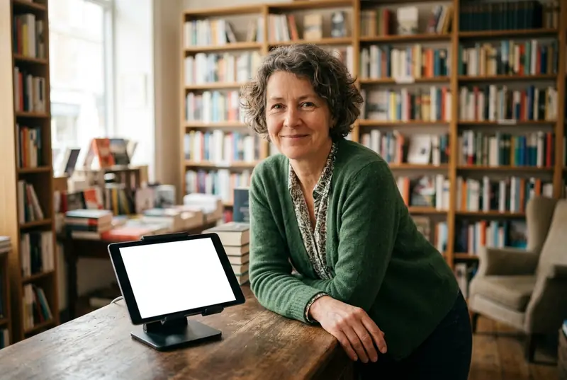 A bookshop owner leans on her counter beside a tablet register