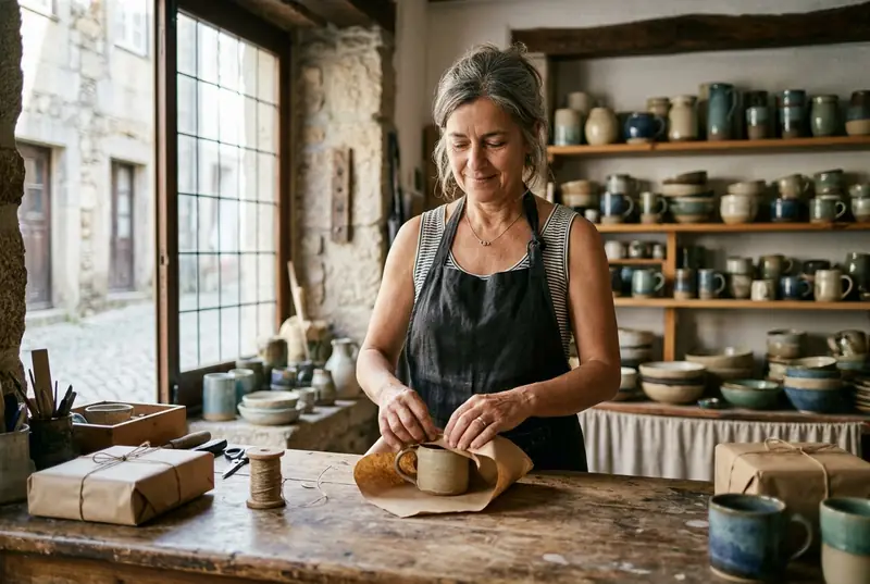 A ceramics shop owner wraps a handmade mug at her wooden counter