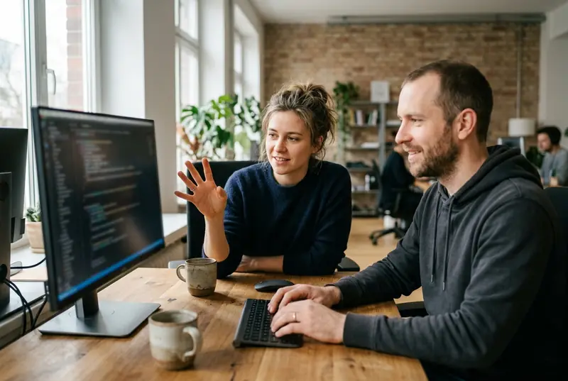 Two developers talk at a shared desk in a bright office