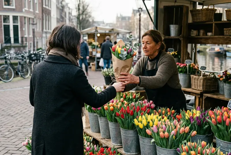 A flower stall vendor hands a bouquet of tulips to a customer in an Amsterdam street