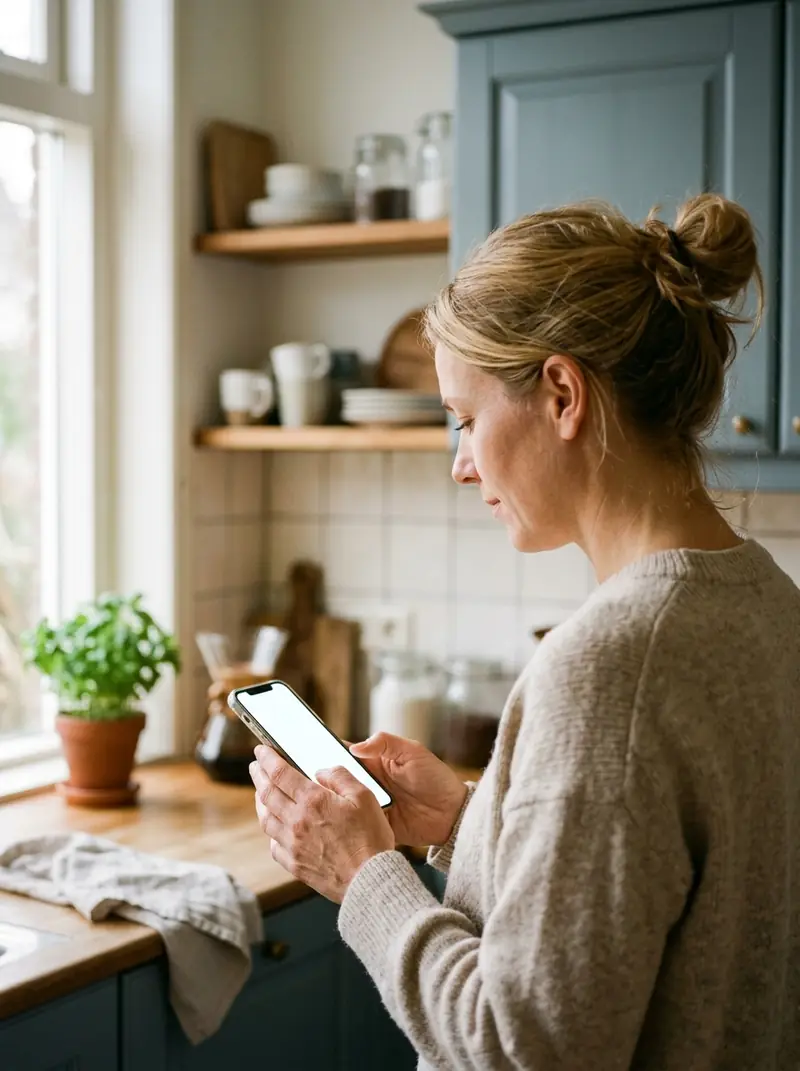 A woman in a bright kitchen reads a request on her phone