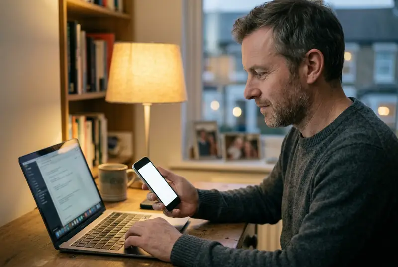 A man at his desk checks a request on his phone beside an open laptop