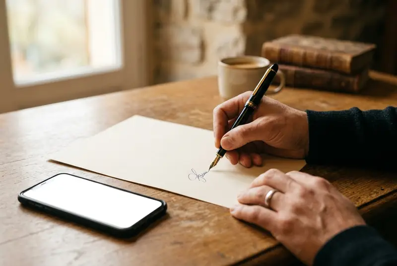 Hands sign a paper with a fountain pen; a phone lies beside it